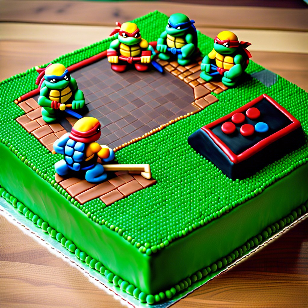 retro arcade cake decorate with pixel art inspired by the old ninja turtle video games