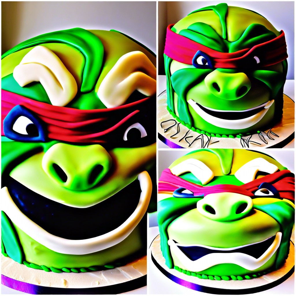 turtle masks cake feature the colorful masks of each turtle around different layers of the cake