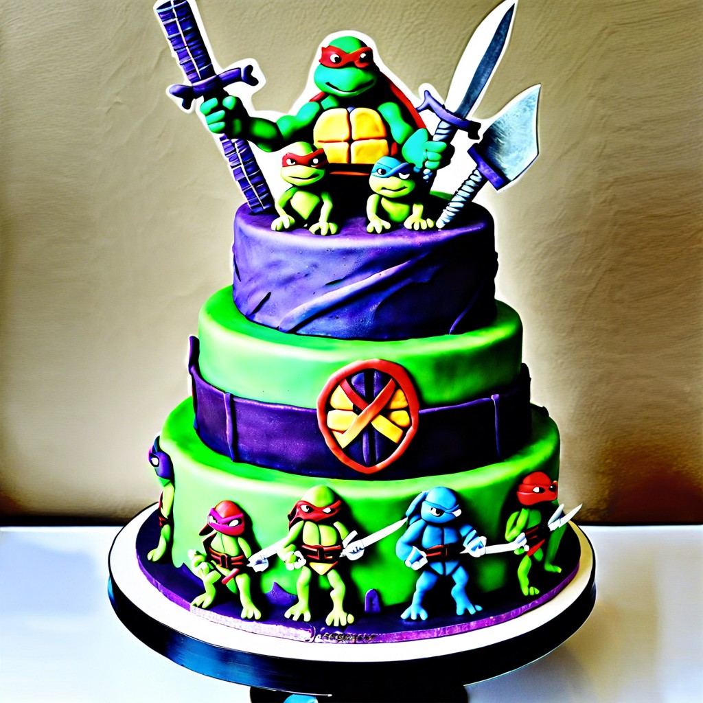 villain feature cake include shredder and other villains lurking around the cake tiers