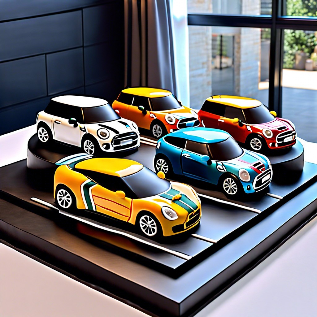 car showroom cake with multiple mini car models