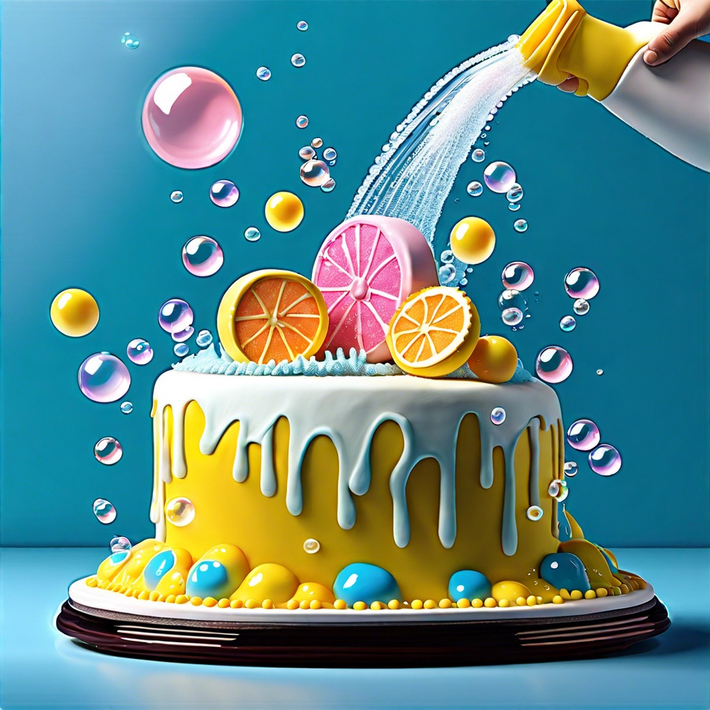 car wash scene with sponge textured cake and soap bubble icing