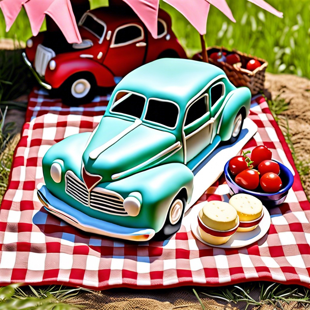 classic car picnic scene with a fondant picnic blanket and accessories