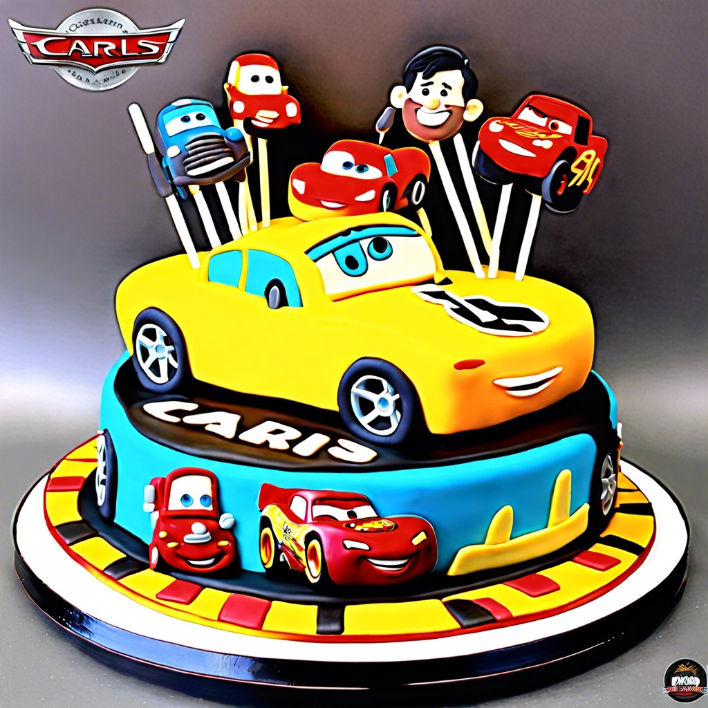 disneys cars movie theme with character toppers and vibrant colors