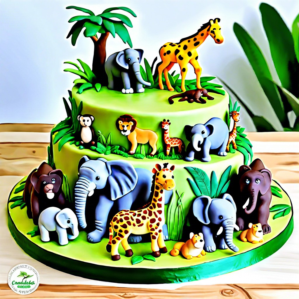 jungle adventure cake featuring lush greenery and edible wild animals