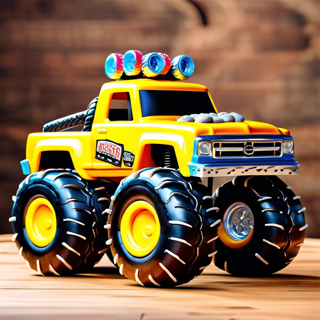 monster truck with oversized tires and crushed cake cars beneath