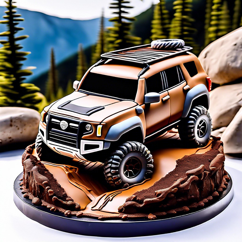 off road suv with rocky muddy frosting terrain