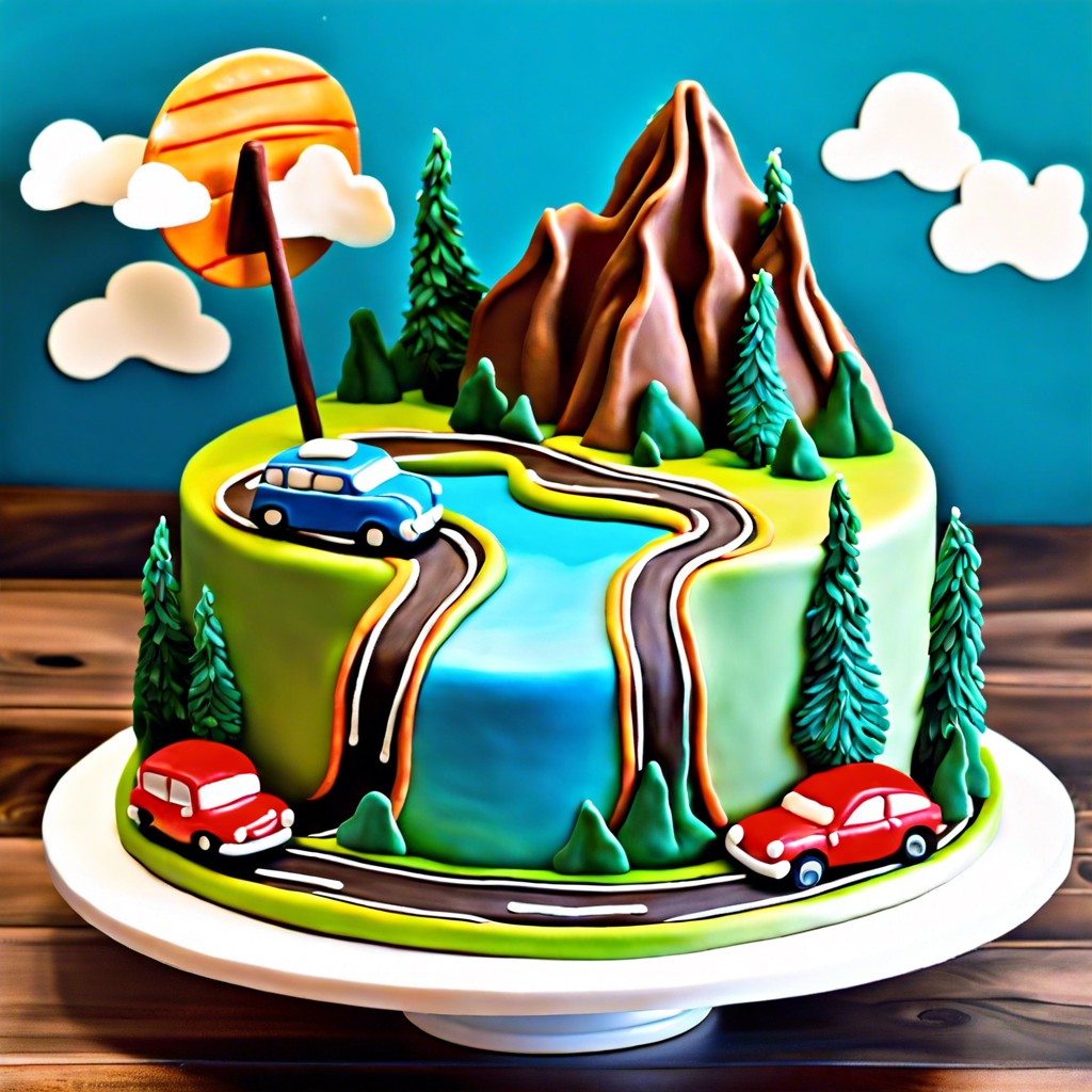 road trip cake featuring a map route and small scenic landmarks