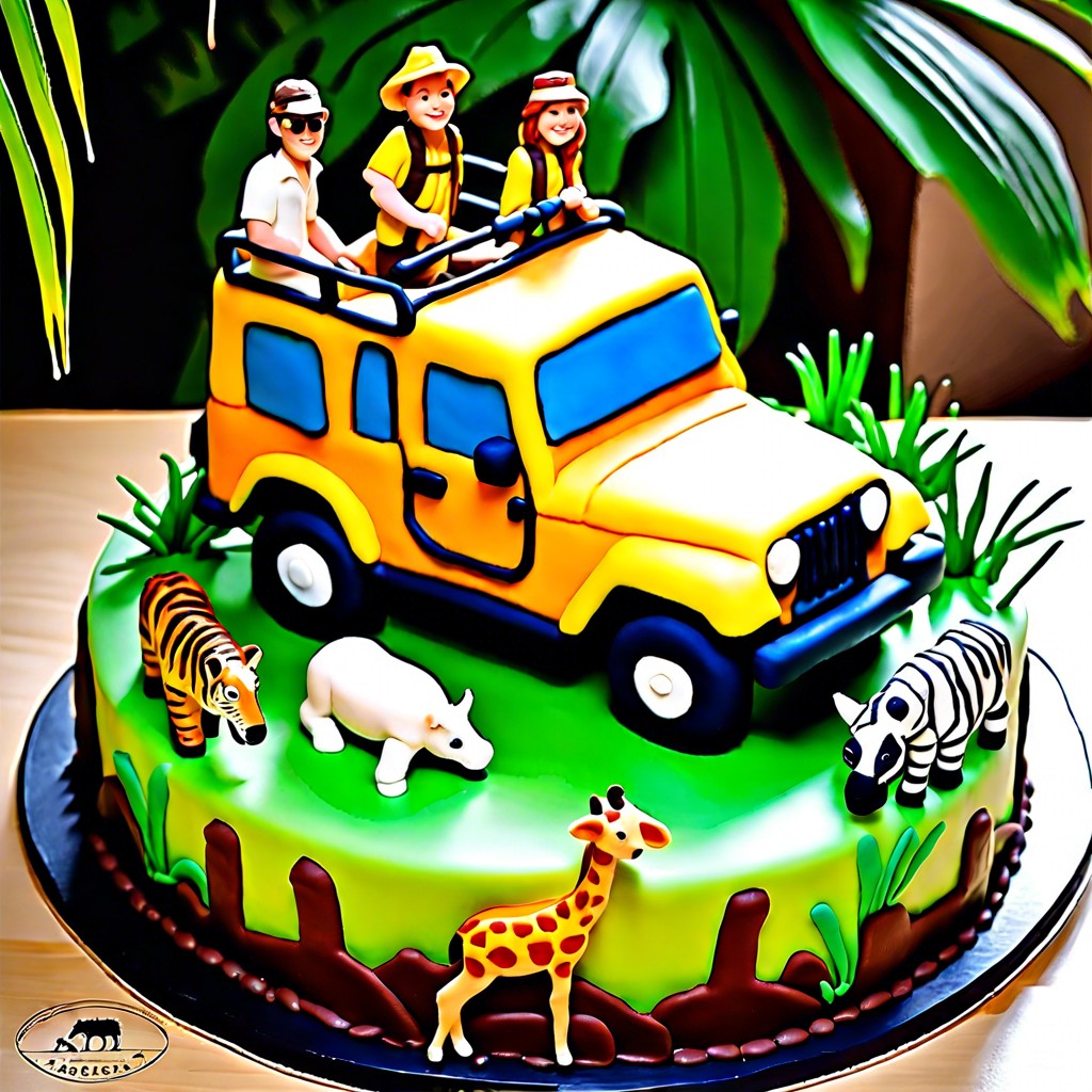 safari jeep cake cake shaped like a jeep with tourists and animals in fondant