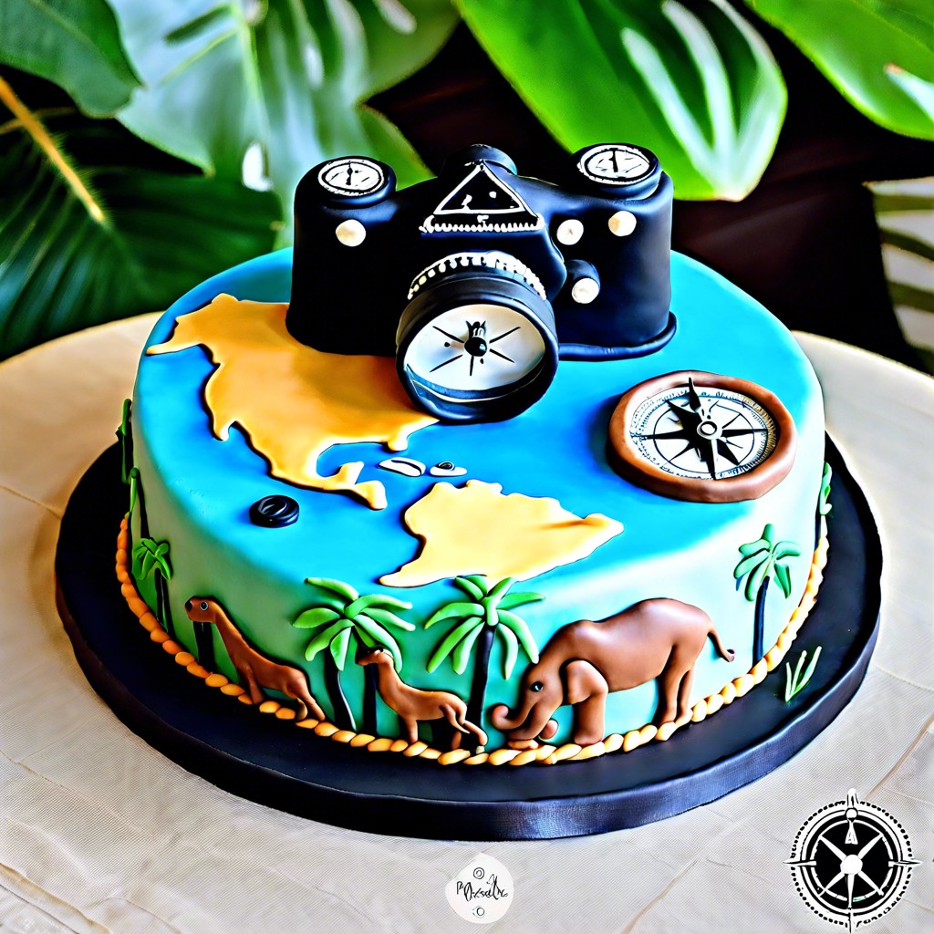 safari map cake topped with a fondant map compass and binoculars