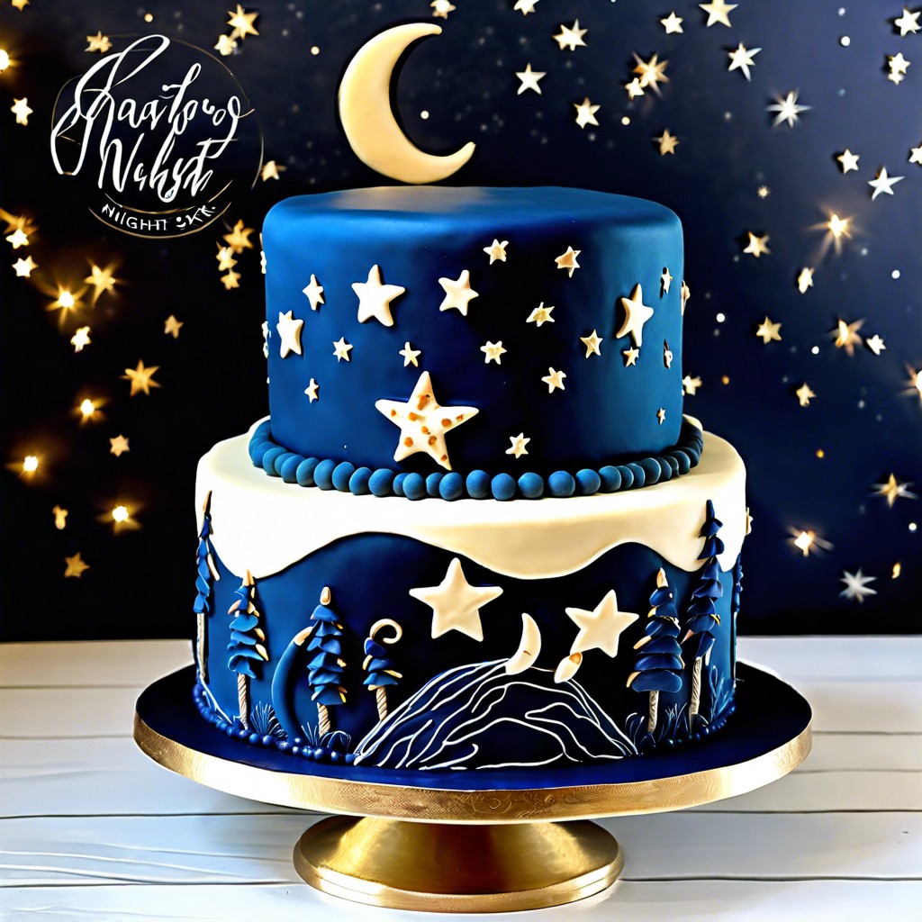 safari night sky cake dark blue fondant with twinkling stars and a crescent moon