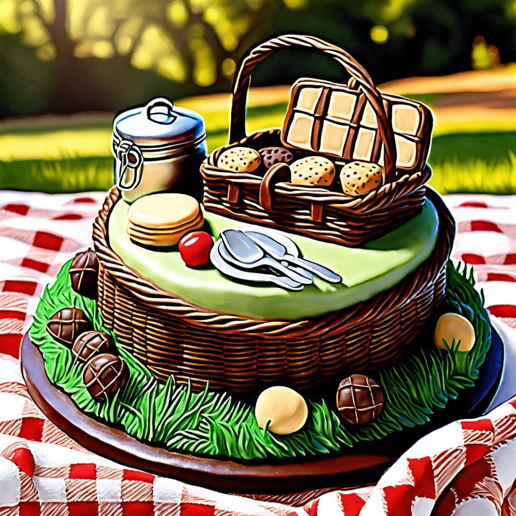 safari picnic cake decorated like a picnic setup with checkered blanket and food basket toppers