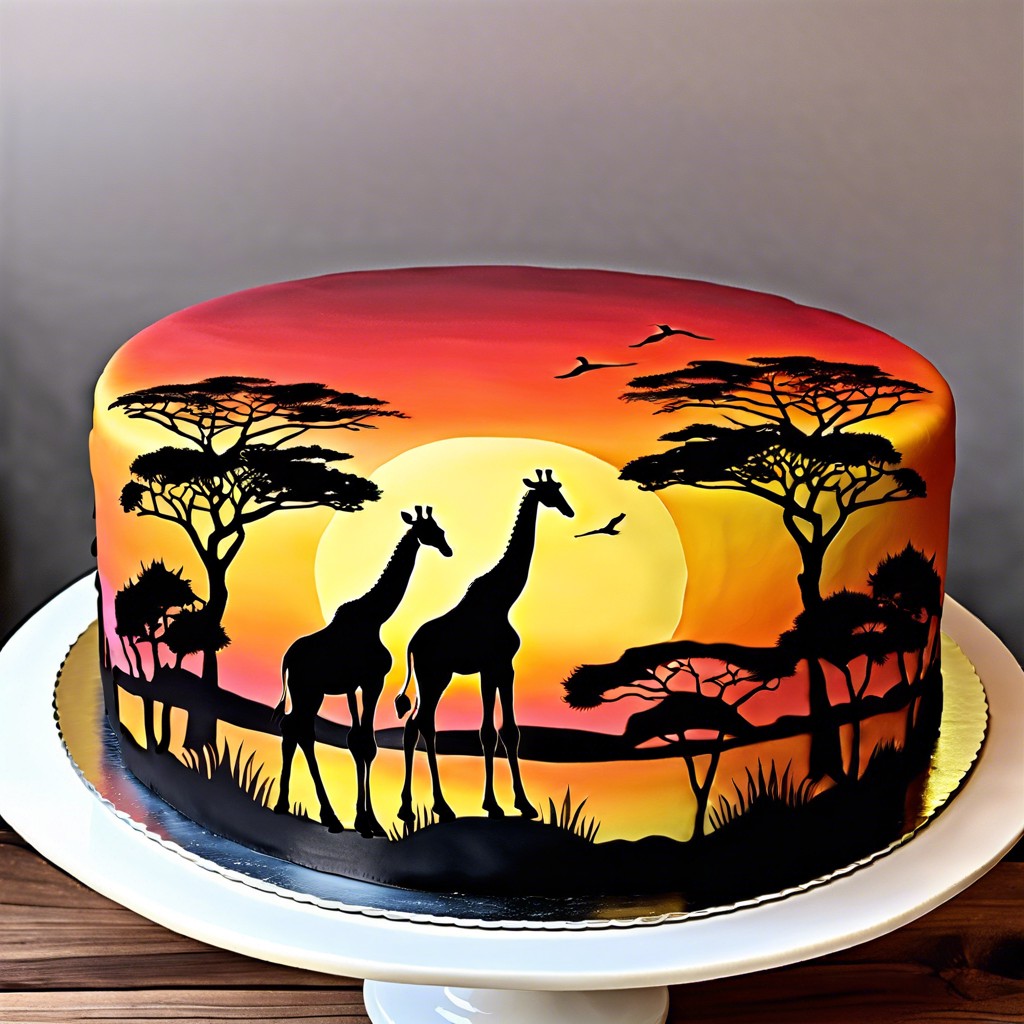 sunset savanna cake gradient orange and yellow with silhouettes of giraffes and acacias