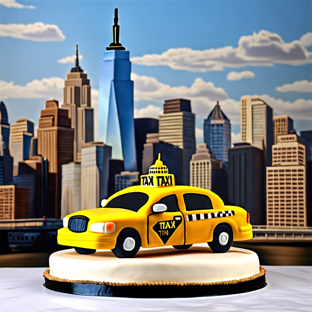 taxi cab cake with city skyline around the base