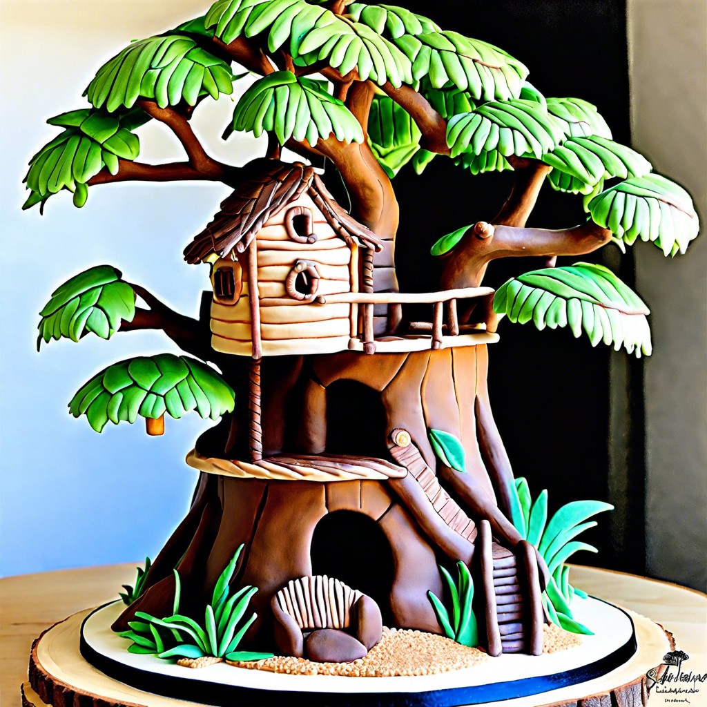 treehouse cake multi tiered with a fondant tree and lookout platforms