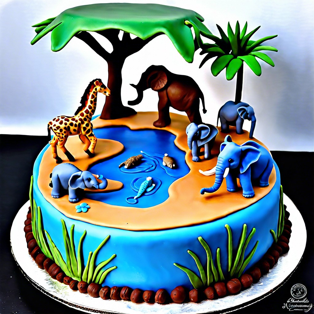 watering hole cake blue fondant with animal figures congregating around a water pool